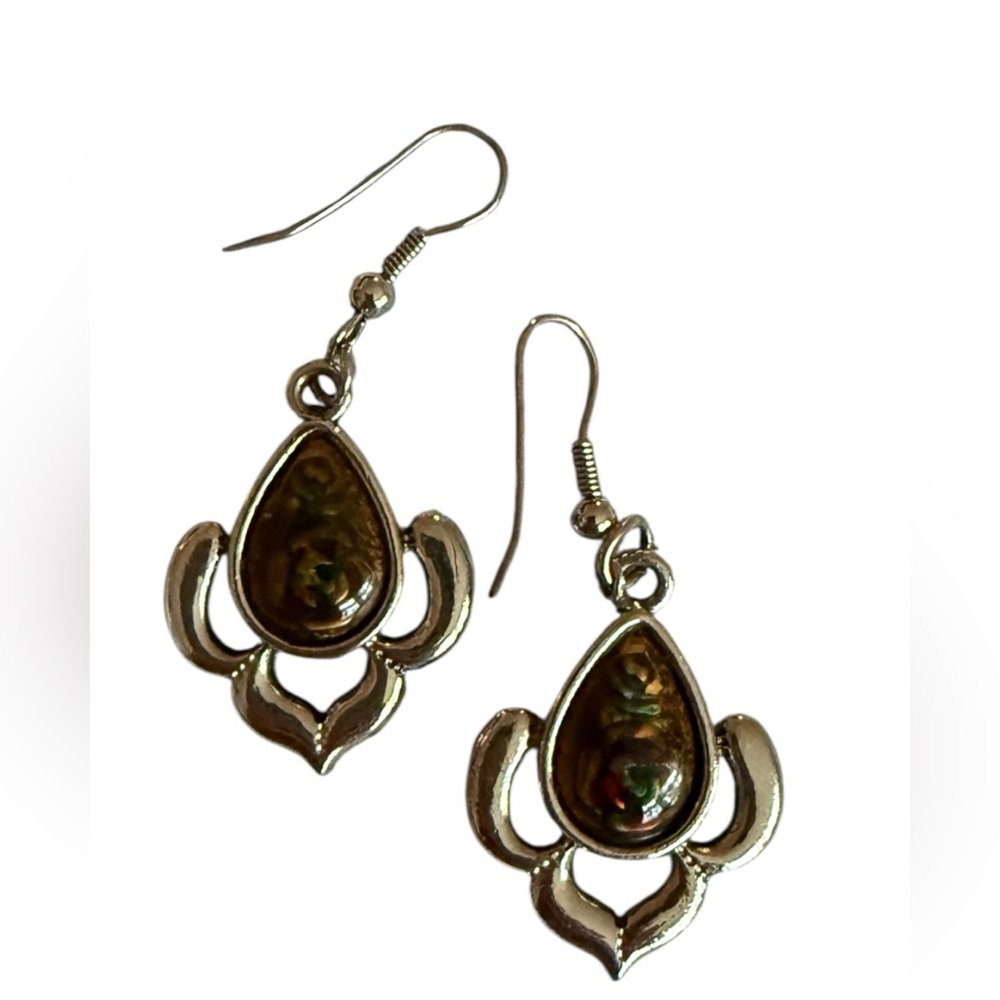 Vintage Silver Teardrop Abalone Dangle Earrings